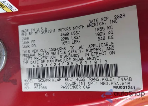 2009 Mitsubishi Eclipse Gs z USA, uszkodzony, nr VIN 4A3AK24F09E031013